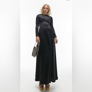 Topshop twist black long sleeve satin occasion dress in black